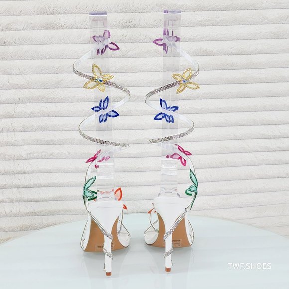 Fly Girl White Upper & Rhinestones Multi Color Butterfly Wrap Strap High Heels - Picture 5 of 10